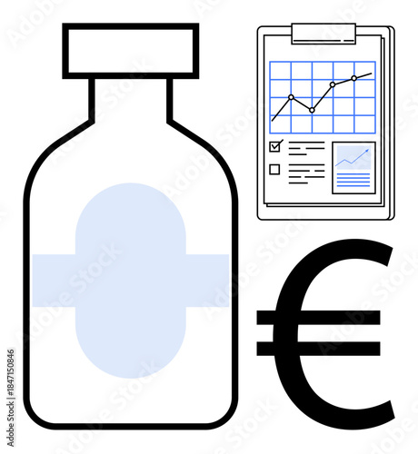 Healthcare economics, pharmaceutical industry, medical research, cost analysis, drug pricing, medication funding. Medicine bottle, financial chart euro symbol. Pharmaceutical industry and cost
