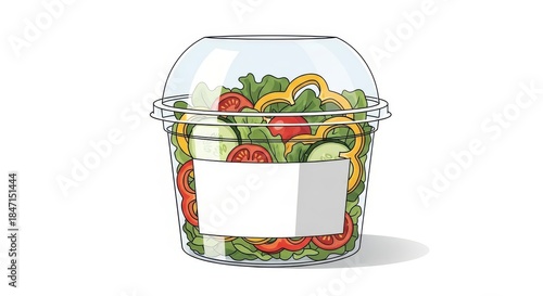 Illustration of a fresh salad in a clear plastic container.