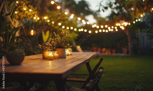 Picturesque outdoor dining setup with a long wooden table and string lights hanging above, soft warm light creating a cozy evening vibe, peaceful garden setting, wide panoramic shot,