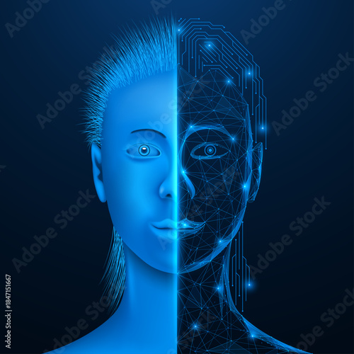 The fusion of biological and digital intelligence. Dividing a person's face into two parts, the left is an organic shape with natural features and the right is a digital structure.