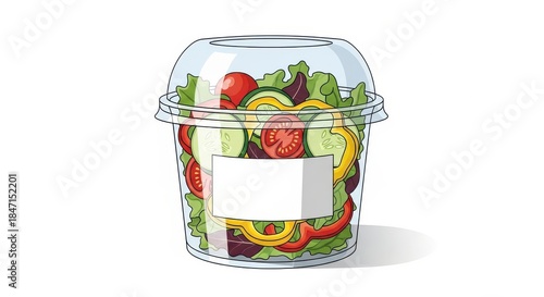 Illustration of a fresh salad in a plastic container.
