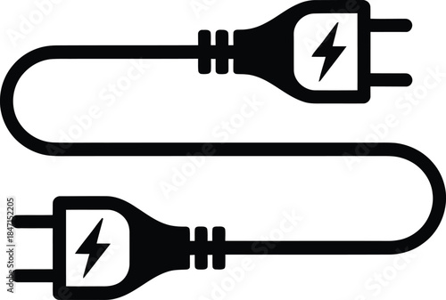 Black electrical plug and socket with lightning bolt symbol