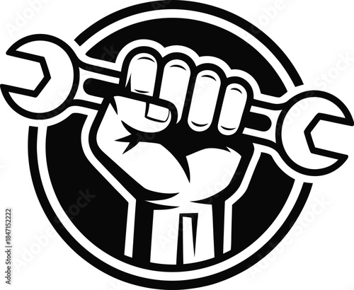 Black fist holding wrench inside circle hand tool