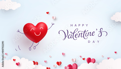 Valentine's day postcard. Vector 3d red flying heart on blue sky background. Symbols of love for greeting card design