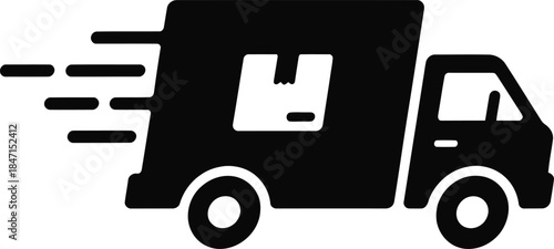 Black delivery truck with motion lines and package icon