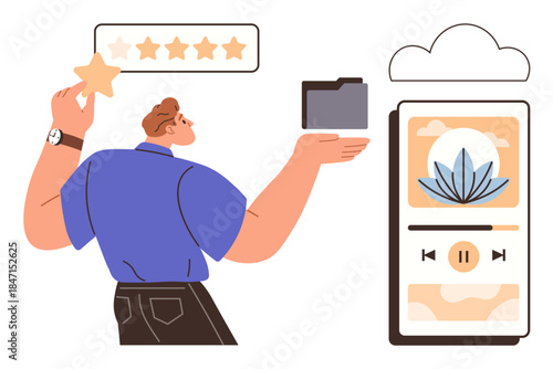 Male figure holding a star and folder, interacting with cloud sync, rating, and media player. Ideal for feedback, online storage, productivity, user experience, app design audio streaming simple