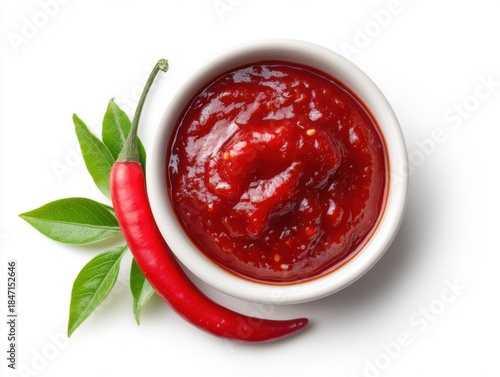 Bowl with red sauce and fresh chili pepper isolated on white, top view