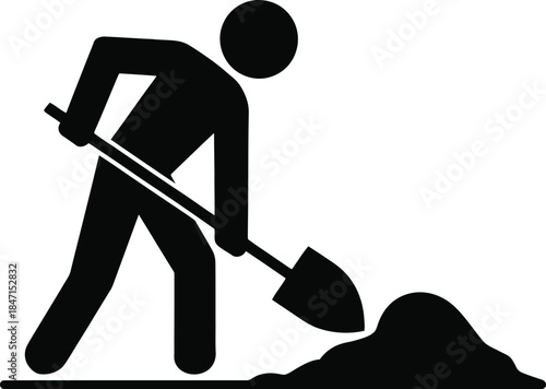 Black silhouette of person digging dirt with shovel