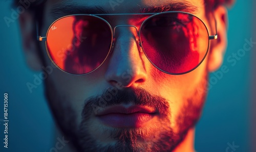 Portrait of a stylish young man wearing retro sunglasses with vibrant reflections, sharp details and warm tones enhancing the modern look