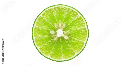 Close-up of a vibrant lime slice on white background.