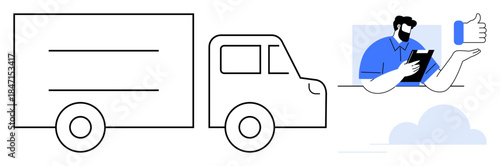 Logistics, delivery services, online marketplace, supply chain, customer satisfaction, transportation. Graphic of a truck and a courier with a tablet and thumbs-up sign. Logistics and delivery