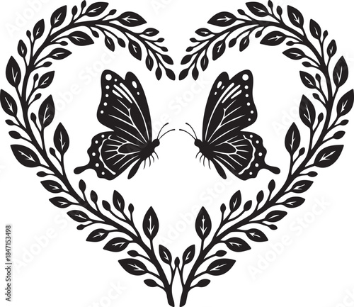 Elegant heart-shaped floral frame with two symmetrical silhouette butterflies illustration, perfect for love, nature and romance designs