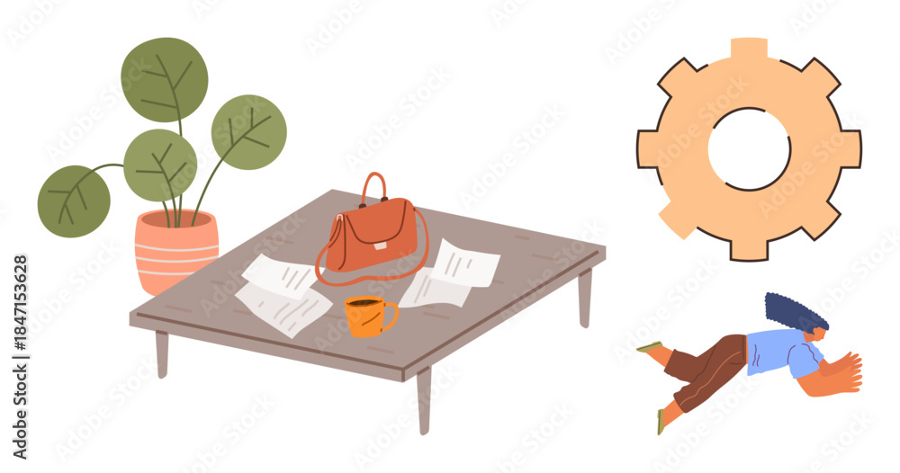Fototapeta premium Wooden table holds papers, bag, and coffee mug near potted plant. Gear and falling figure suggest creativity, productivity, problem-solving, teamwork, stress innovation. Simple flat metaphor