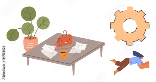 Wooden table holds papers, bag, and coffee mug near potted plant. Gear and falling figure suggest creativity, productivity, problem-solving, teamwork, stress innovation. Simple flat metaphor