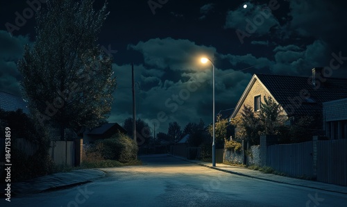 Quiet suburban street illuminated by a single glowing streetlamp at night, soft shadows and cool blue tones creating a peaceful nighttime scene
