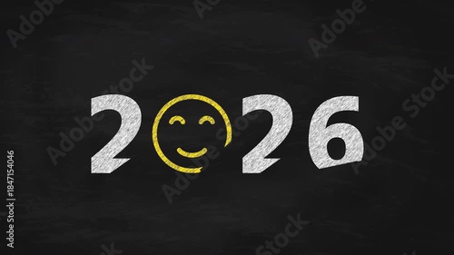 2026 Chalk Write-on Animation on Blackboard With Yellow Smiling Face Symbol