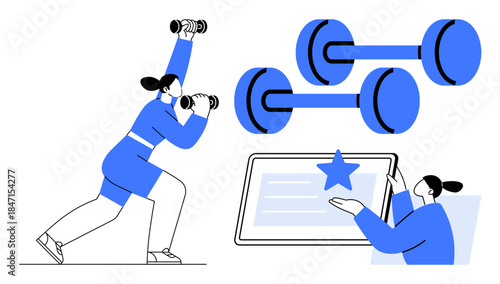 Fitness technology, online training, healthy living, home workouts, exercise tracking, virtual services. Person lifting dumbbells and interface screen. Fitness technology and online training concept