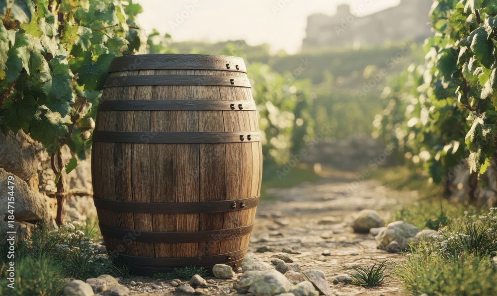 custom made wallpaper toronto digitalRustic wooden barrel placed in a vineyard under soft morning light, warm earthy tones creating a peaceful rural scene