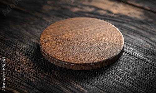 Rustic round wooden coaster placed on a dark wooden table, soft warm light highlighting fine textures, clean minimalist table decor concept, sharp and elegant,
