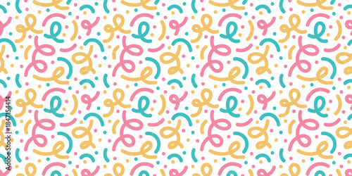 Playful Abstract Seamless Pattern with Colorful Swirls and Dots. Vector illustration 