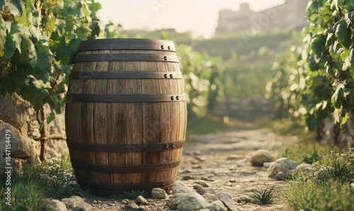 Wallpaper Mural Rustic wooden barrel placed in a vineyard under soft morning light, warm earthy tones creating a peaceful rural scene Torontodigital.ca