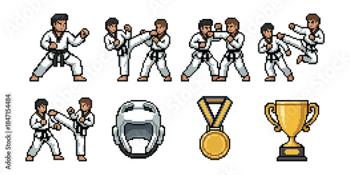 Martial arts sparring pixel style icon set, karate fights helmets medals