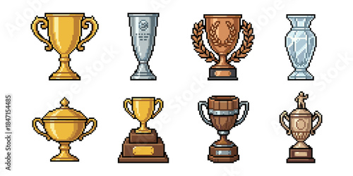 Trophies pixel style icon set, awards cups vases
