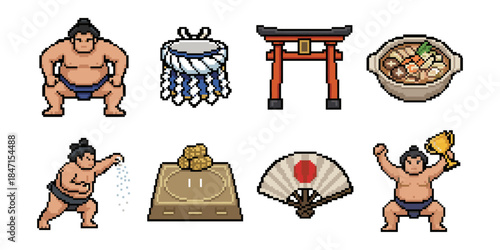 Sumo traditions pixel style icon set, wrestlers torii food fans