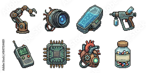 Futuristic medical gadgets pixel style icon set, cyber implants scanners