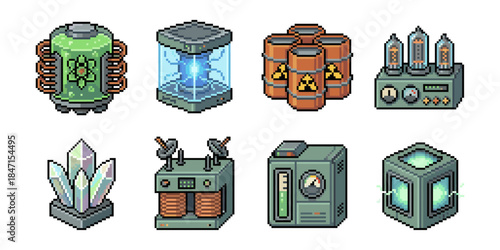 Energy reactors pixel style icon set, power cores crystals