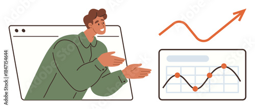 Man explaining analytics with growth chart and line graph highlighting upward trends. Ideal for presentation, data analysis, marketing strategy, business growth, teamwork, education, web training