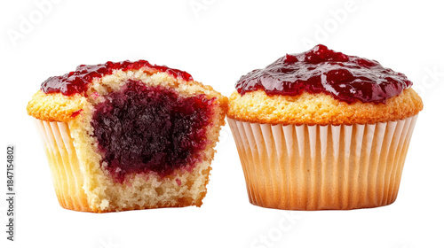 Two muffins with jam in them, one is half eaten