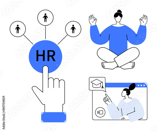 Human resources, employee management, wellness, online training, meditation, recruitment strategy. Hand selecting HR diagram, person meditating and virtual training illustration. Human resources