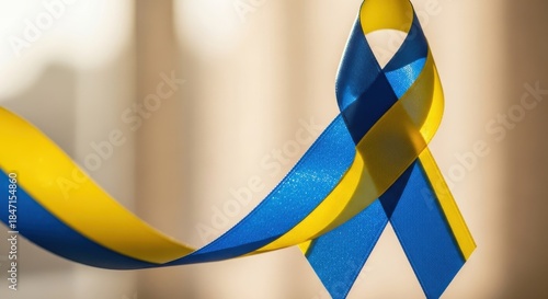 Blue and yellow ribbon symbolizing hope and solidarity.