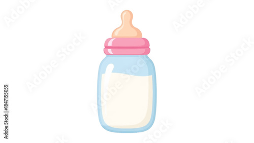 Baby bottle filled with milk and a pink nipple.