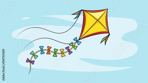 Yellow Diamond Kite Flying High with Colorful Tail.