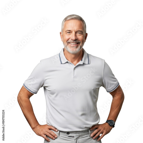 Smiling middle aged man in polo shirt isolated on transparent background