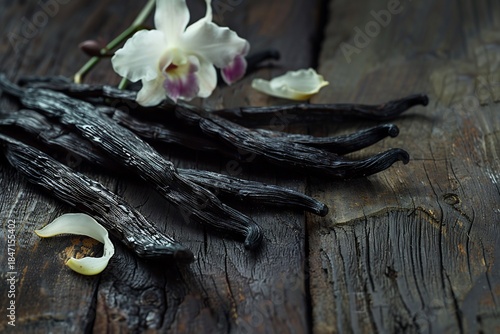 Vanilla Beans with White Orchid on Wooden Table