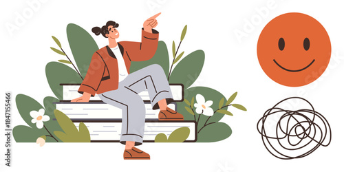 Casual woman sitting on a bench surrounded by greenery, pointing upward. Nearby, happy face and scribble icons symbolize happiness and complex emotions. Ideal for mental health, positivity