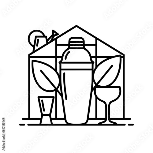 Bartender day shaker silhouette cobbler cap removed beside jigger vector illustration