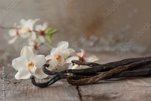 Vanilla Beans with White Flowers on Wooden Table