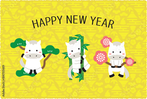 2026年　年賀状　黄色背景　白馬　Happy New Year　松竹梅
