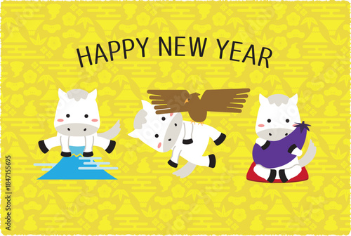 2026年　年賀状　黄色背景　白馬　Happy New Year　初夢