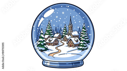 Charming Snow Globe Scene with Winter Village and Falling Snowflakes.