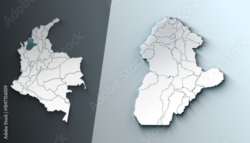 Minimalist 3D Map of Cordoba Colombia Department with District Borders