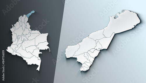 Minimalist 3D Map of La Guajira Colombia Department with District Borders