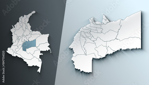 Minimalist 3D Map of Meta Colombia Department with District Borders