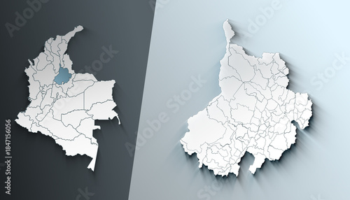 Minimalist 3D Map of Santander Colombia Department with District Borders