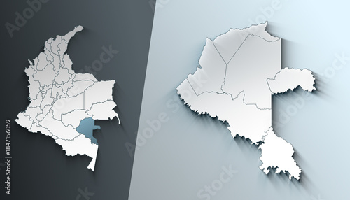 Minimalist 3D Map of Vaupes Colombia Department with District Borders