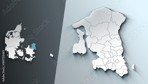Minimalist 3D Map of Hovedstaden Denmark Region with Borders